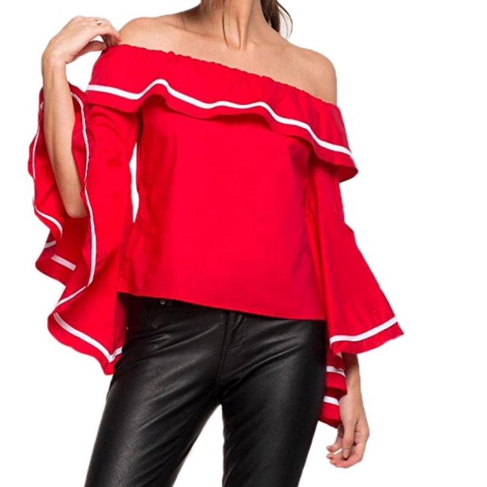 women off shoulder ruffled sleeve blouse - Picture 4 of 7